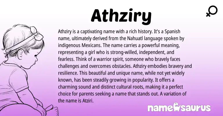 Infographic about Athziry name meaning, Athziry is a name from Nahuatl, Spanish, Mexican origin(s).