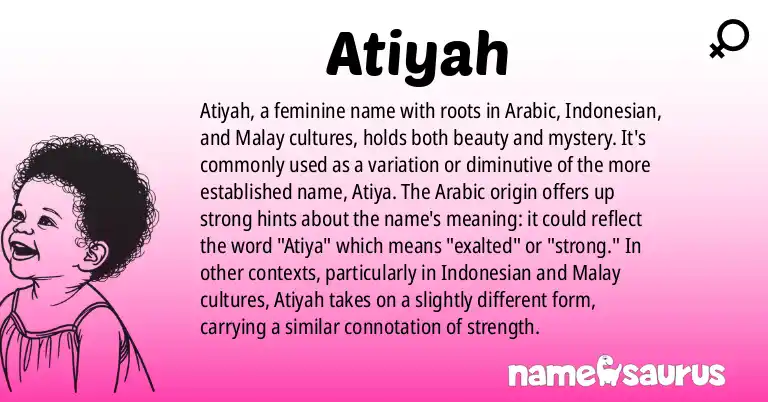 Infographic about Atiyah name meaning, Atiyah is a name from Arabic, Indonesian, Malay origin(s).