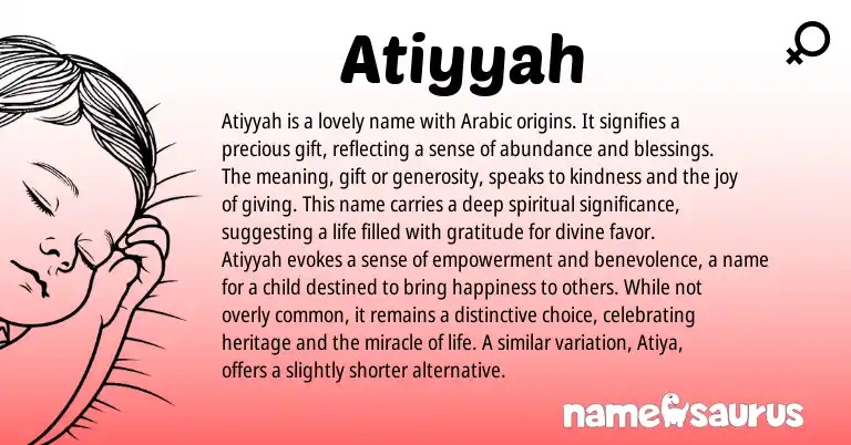 Infographic about Atiyyah name meaning, Atiyyah is a name from Arabic origin(s).