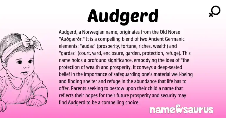 Infographic about Audgerd name meaning, Audgerd is a name from Norwegian, Old Norse, Ancient Germanic origin(s).