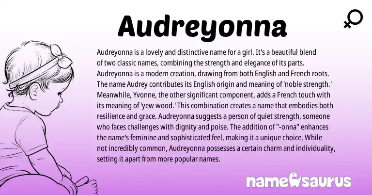 Infographic about Audreyonna name meaning, Audreyonna is a name from French, English origin(s).