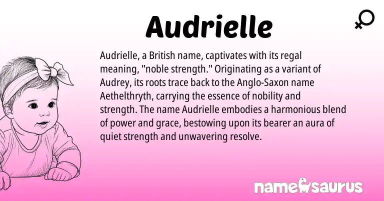 Infographic about Audrielle name meaning, Audrielle is a name from British, Anglo-Saxon origin(s).