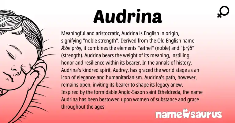 Infographic about Audrina name meaning, Audrina is a name from Old English, English, Anglo-Saxon origin(s).