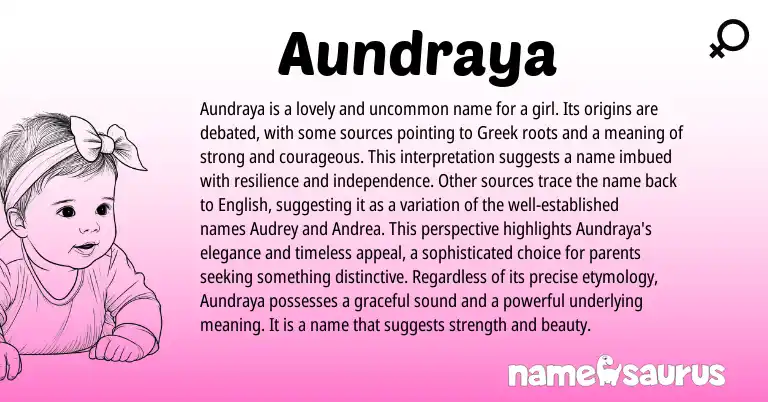 Infographic about Aundraya name meaning, Aundraya is a name from Greek, American origin(s).