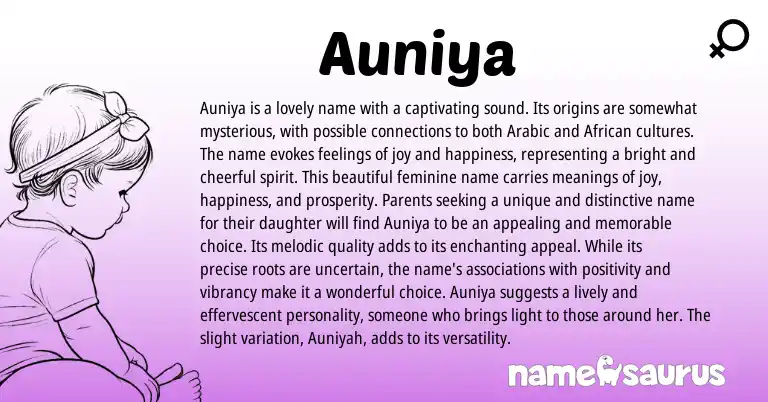 Infographic about Auniya name meaning, Auniya is a name from African, Arabic origin(s).