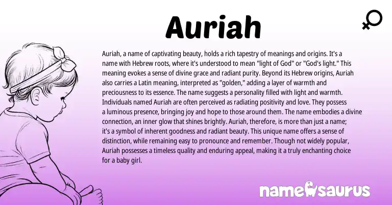 Infographic about Auriah name meaning, Auriah is a name from English, Latin, Hebrew origin(s).