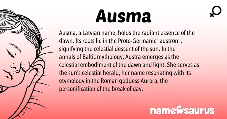 Infographic about Ausma name meaning, Ausma is a name from Baltic, Roman, Germanic, Latvian origin(s).