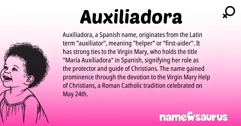 Infographic about Auxiliadora name meaning, Auxiliadora is a name from Roman, Spanish, Latin origin(s).
