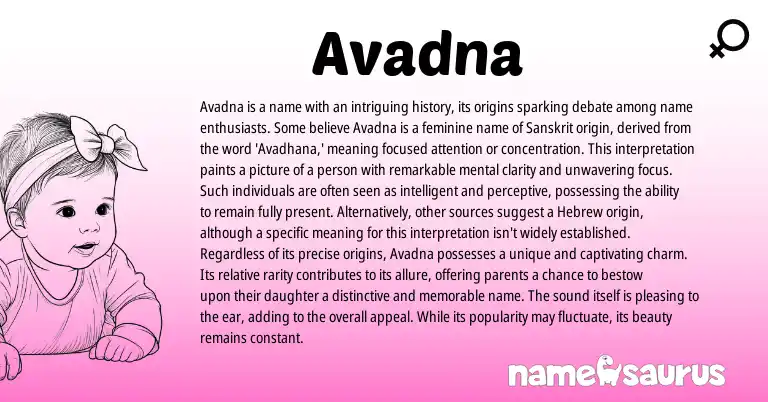 Infographic about Avadna name meaning, Avadna is a name from English, Sanskrit origin(s).