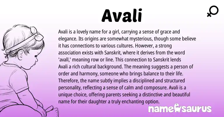 Infographic about Avali name meaning, Avali is a name from Indian, Sanskrit origin(s).