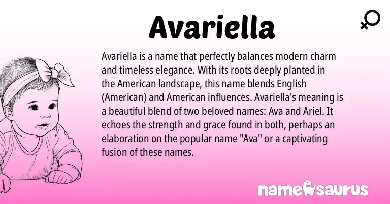 Infographic about Avariella name meaning, Avariella is a name from English (American), American origin(s).
