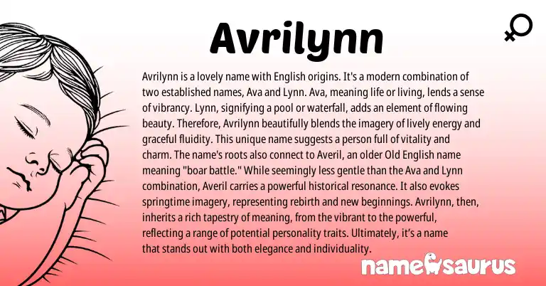 Infographic about Avrilynn name meaning, Avrilynn is a name from English, American origin(s).