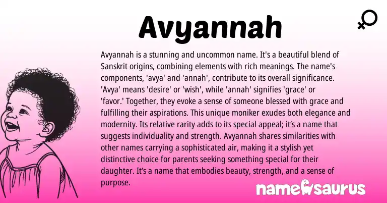 Infographic about Avyannah name meaning, Avyannah is a name from Sanskrit origin(s).