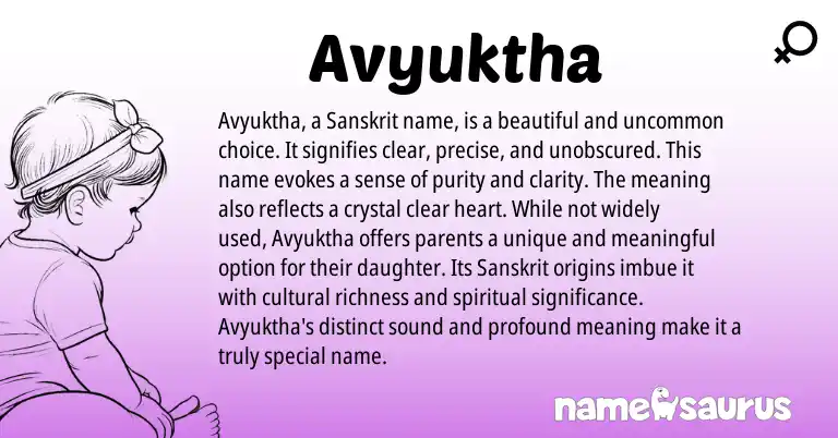 Infographic about Avyuktha name meaning, Avyuktha is a name from Indian origin(s).