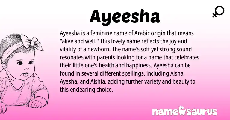 Infographic about Ayeesha name meaning, Ayeesha is a name from Arabic origin(s).