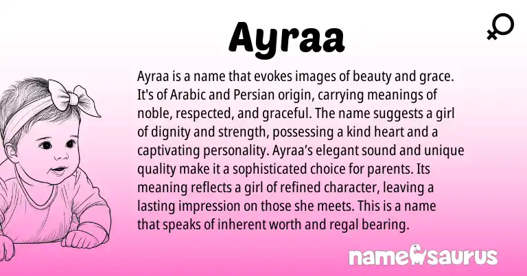 Infographic about Ayraa name meaning, Ayraa is a name from Arabic origin(s).