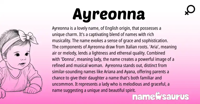Infographic about Ayreonna name meaning, Ayreonna is a name from Italian, English origin(s).