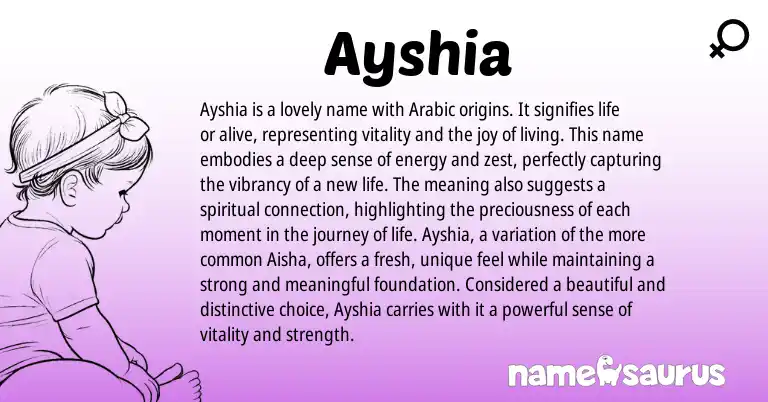 Infographic about Ayshia name meaning, Ayshia is a name from Arabic origin(s).