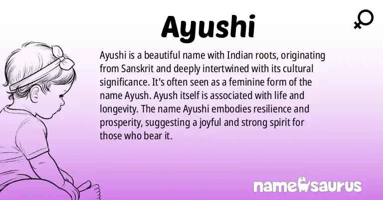 Infographic about Ayushi name meaning, Ayushi is a name from Indian, Sanskrit origin(s).