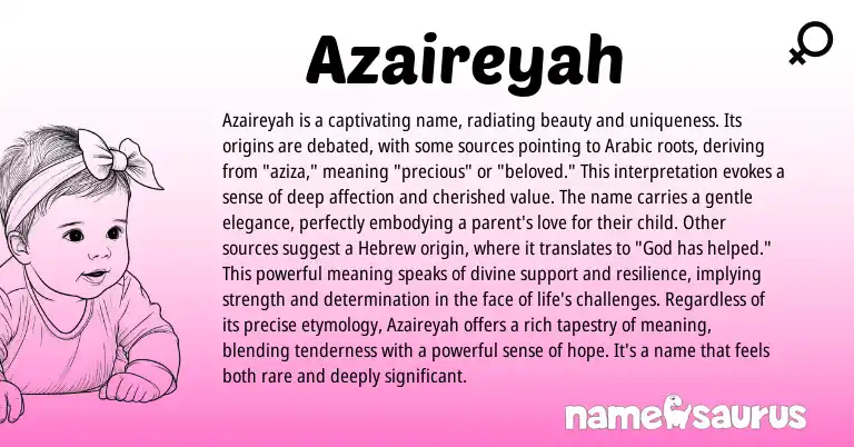 Infographic about Azaireyah name meaning, Azaireyah is a name from Arabic origin(s).