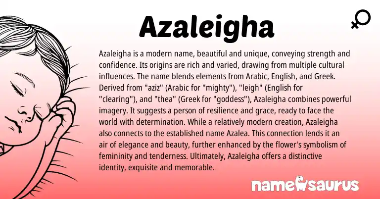 Infographic about Azaleigha name meaning, Azaleigha is a name from Greek, English, Arabic origin(s).