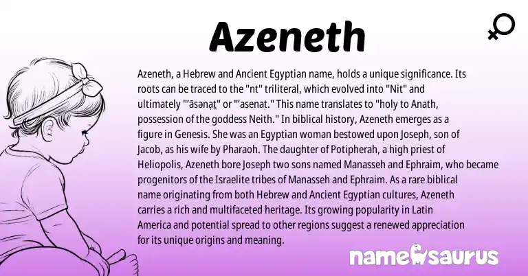 Infographic about Azeneth name meaning, Azeneth is a name from Ancient Egyptian, Latin, Hebrew, Egyptian origin(s).