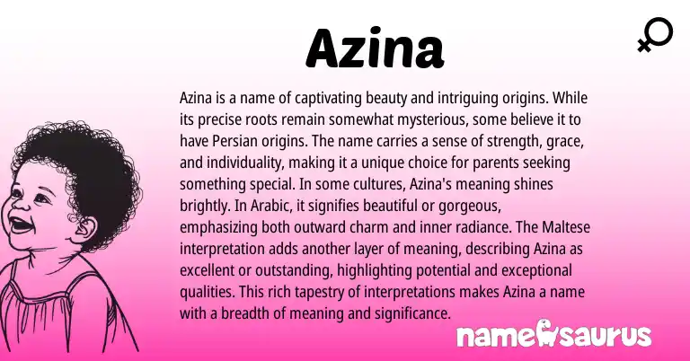 Infographic about Azina name meaning, Azina is a name from Persian, Maltese, Arabic origin(s).