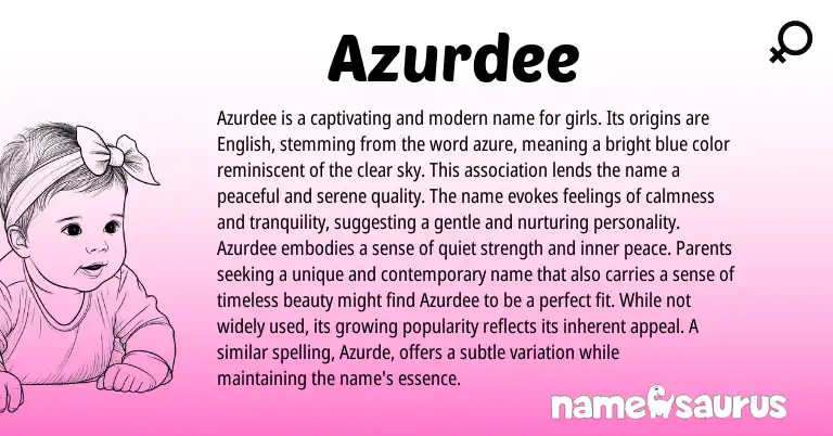 Infographic about Azurdee name meaning, Azurdee is a name from American origin(s).