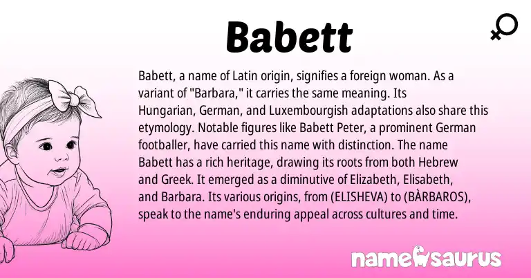 Infographic about Babett name meaning, Babett is a name from Hungarian, Latin, Luxembourgish, Greek, German, Hebrew origin(s).