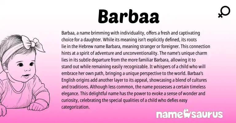 Infographic about Barbaa name meaning, Barbaa is a name from Hebrew origin(s).