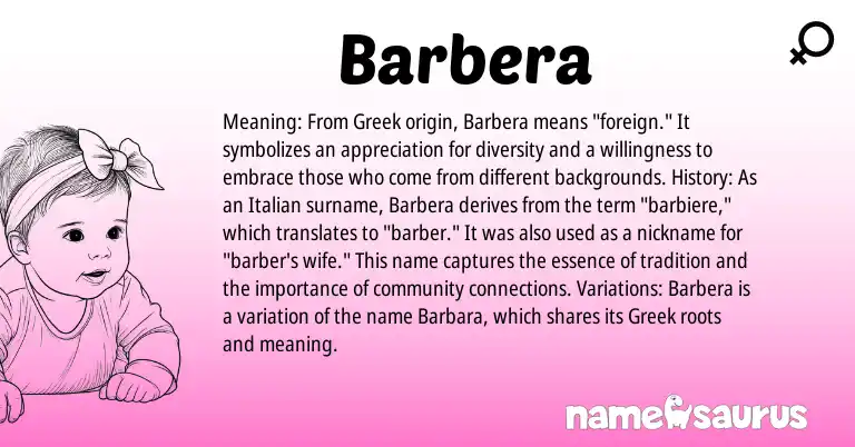 Infographic about Barbera name meaning, Barbera is a name from Italian, Greek origin(s).