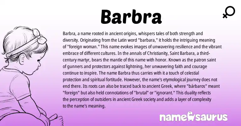 Infographic about Barbra name meaning, Barbra is a name from Christianity, Latin, Greek origin(s).