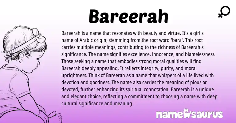 Infographic about Bareerah name meaning, Bareerah is a name from Arabic origin(s).