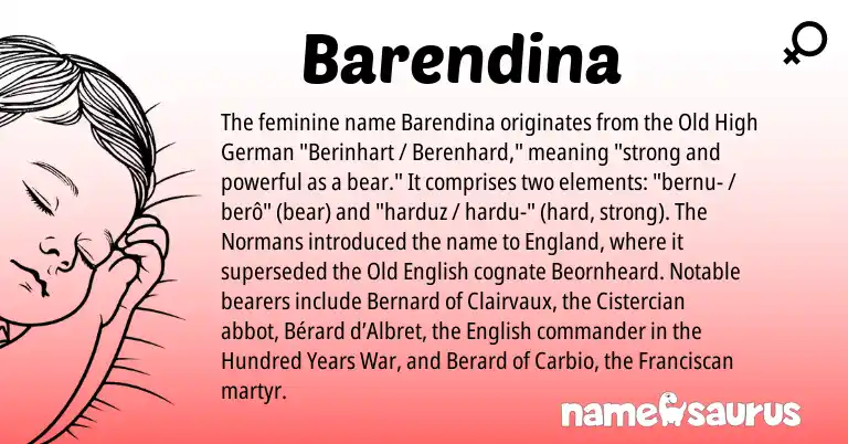 Infographic about Barendina name meaning, Barendina is a name from Old High German, Old English, English, England origin(s).