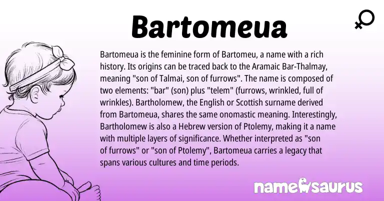 Infographic about Bartomeua name meaning, Bartomeua is a name from Aramaic, English, Scottish, Hebrew origin(s).