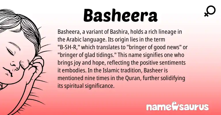 Infographic about Basheera name meaning, Basheera is a name from Arabic origin(s).