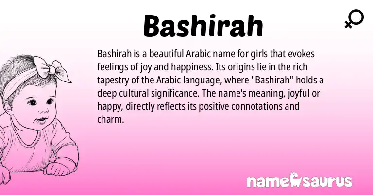 Infographic about Bashirah name meaning, Bashirah is a name from Arabic origin(s).