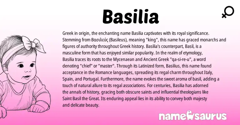 Infographic about Basilia name meaning, Basilia is a name from Spain, Ancient Greek, Portugal, Greek origin(s).