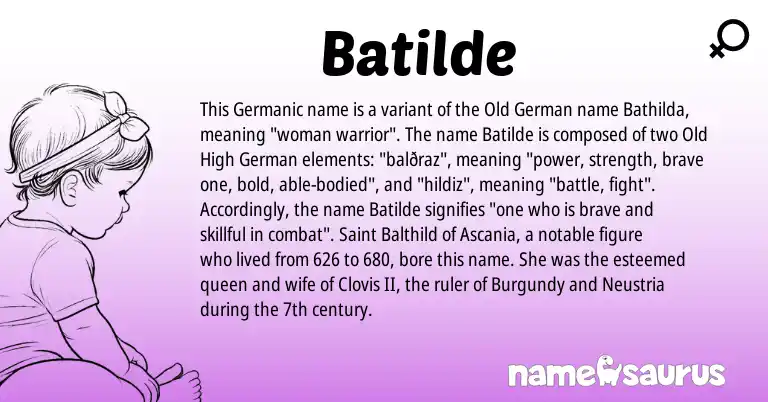 Infographic about Batilde name meaning, Batilde is a name from Old German, Old High German, Germanic origin(s).