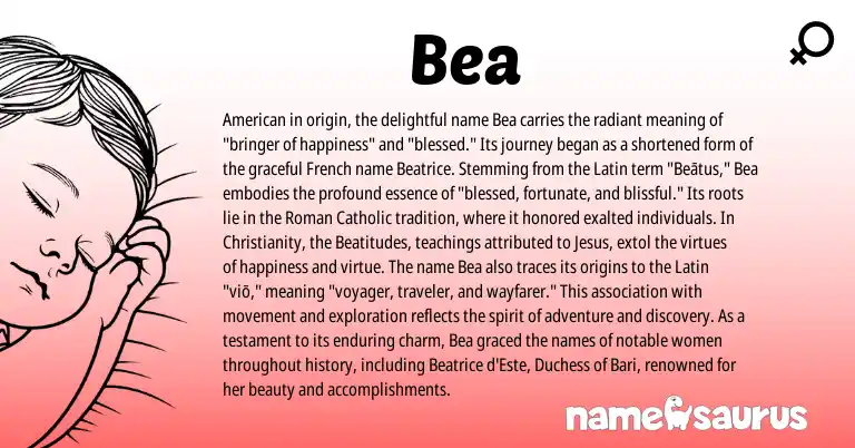 Infographic about Bea name meaning, Bea is a name from Christianity, French, Roman, Latin, American origin(s).
