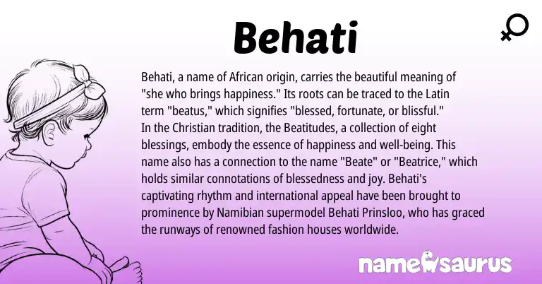 Infographic about Behati name meaning, Behati is a name from Latin, African origin(s).
