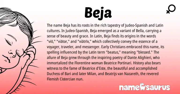 Infographic about Beja name meaning, Beja is a name from Latin, Flemish, Judeo-Spanish origin(s).