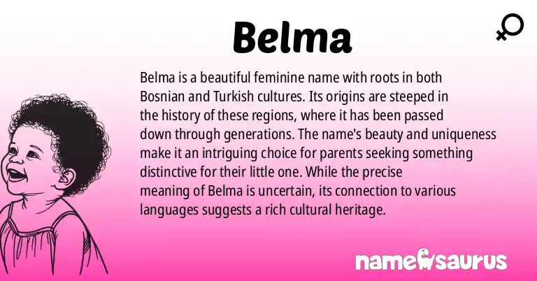 Infographic about Belma name meaning, Belma is a name from Bosnian, Turkish origin(s).