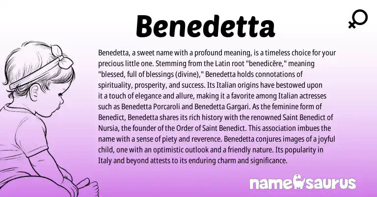 Infographic about Benedetta name meaning, Benedetta is a name from Latin, Italian origin(s).