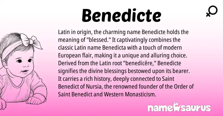 Infographic about Benedicte name meaning, Benedicte is a name from Latin, European origin(s).