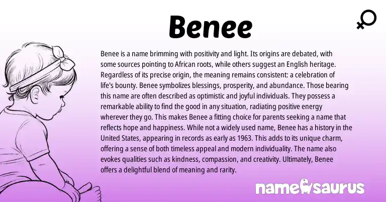 Infographic about Benee name meaning, Benee is a name from African origin(s).