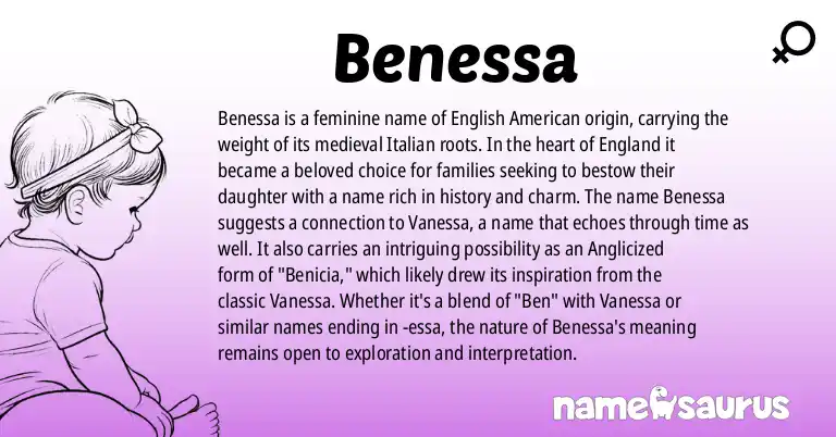 Infographic about Benessa name meaning, Benessa is a name from English (American), Medieval Italian origin(s).