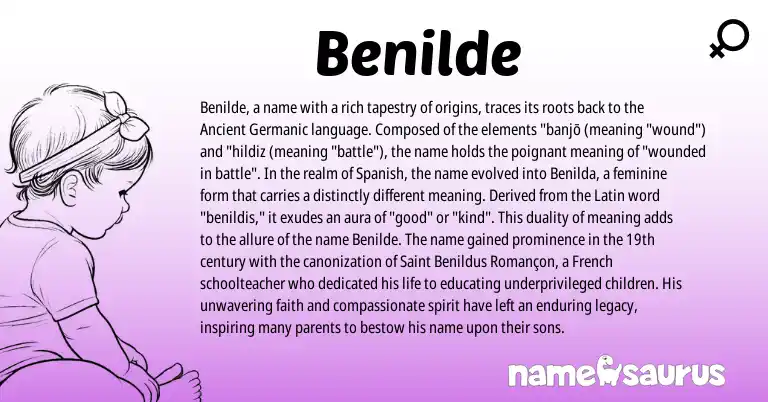 Infographic about Benilde name meaning, Benilde is a name from Spanish, French, Latin, Ancient Germanic origin(s).