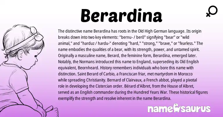 Infographic about Berardina name meaning, Berardina is a name from Christianity, Old High German, English, England, French, Morocco, Old English origin(s).