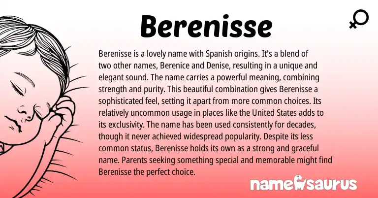 Infographic about Berenisse name meaning, Berenisse is a name from Spanish origin(s).